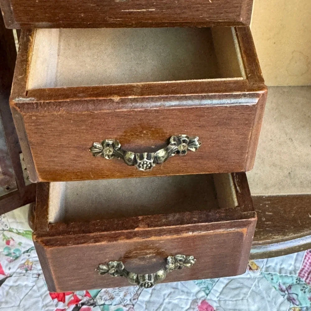 Vintage Wooden Jewelry Armoire Box Etched Glass Carousel Drawers Keepsake MCM
